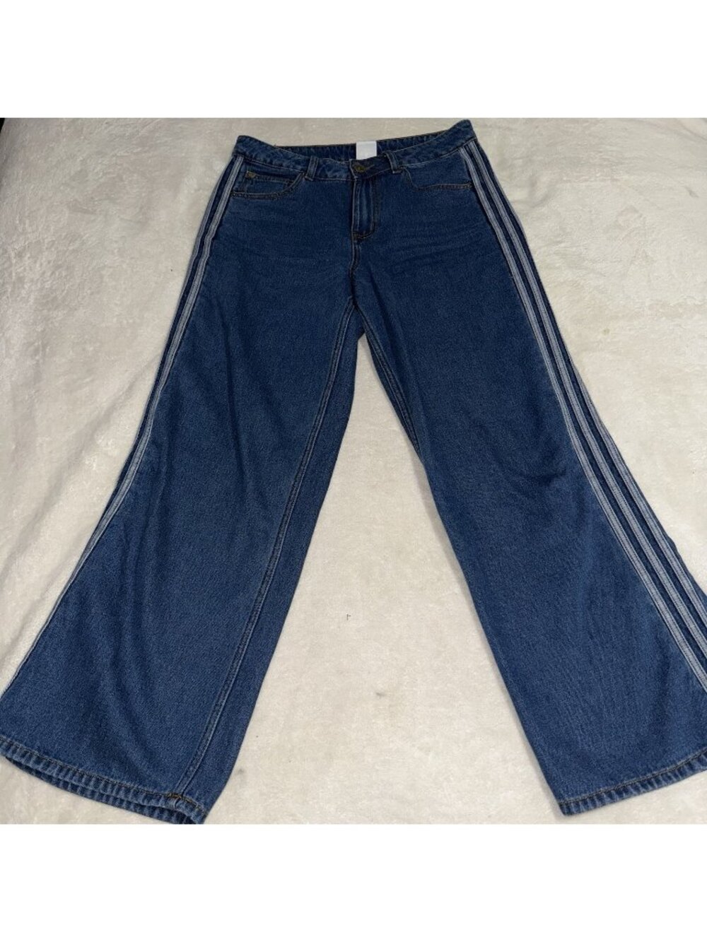 Adidas Originals 3 Stripe Jeans 28x30 Blue Denim Wide Leg Flare Trefoil Y2K